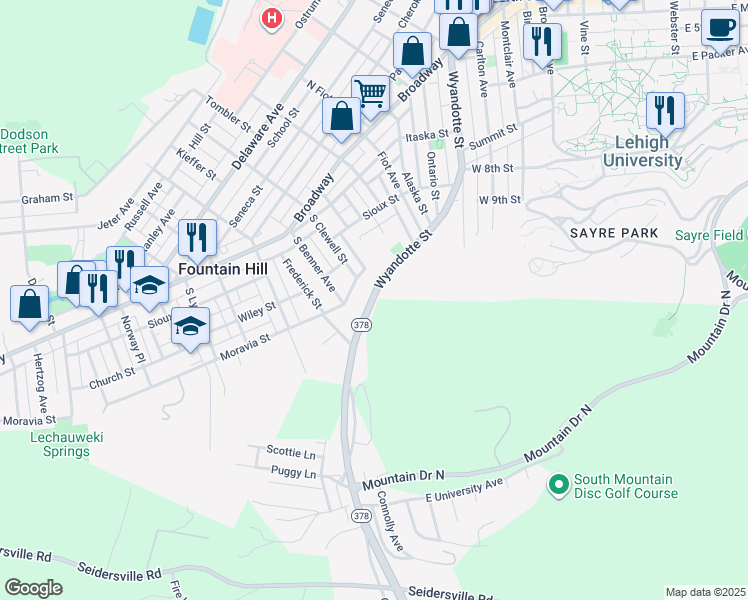 map of restaurants, bars, coffee shops, grocery stores, and more near 3899 Pennsylvania 378 in Bethlehem