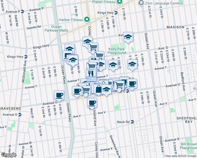map of restaurants, bars, coffee shops, grocery stores, and more near 2002 East 12th Street in Brooklyn