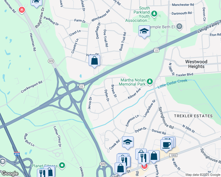 map of restaurants, bars, coffee shops, grocery stores, and more near 1120 Bryant St in Allentown