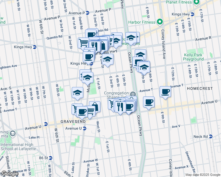map of restaurants, bars, coffee shops, grocery stores, and more near 2040 East 3rd Street in Brooklyn