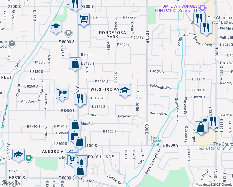 map of restaurants, bars, coffee shops, grocery stores, and more near 8295 South 870 East in Sandy