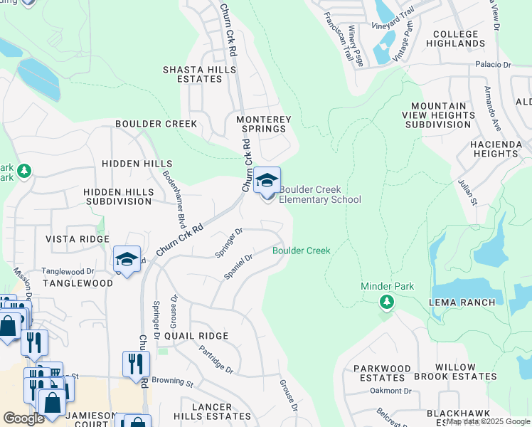 map of restaurants, bars, coffee shops, grocery stores, and more near 505 Springer Drive in Redding