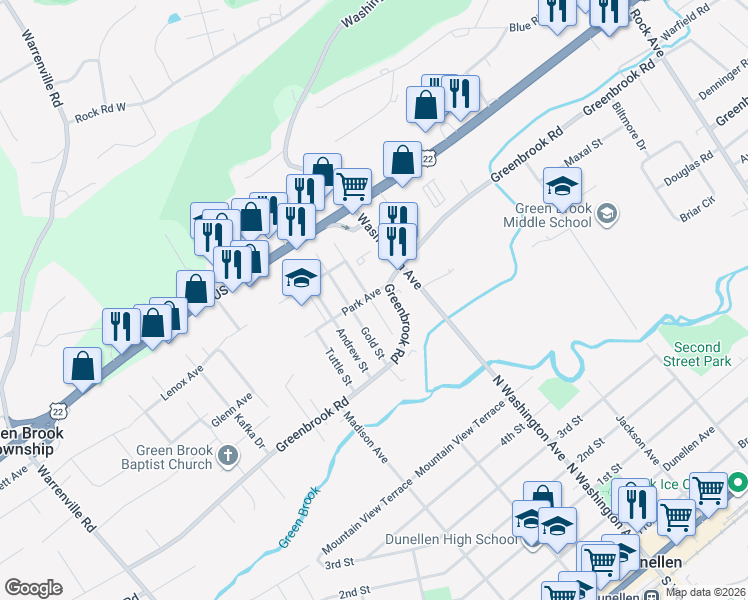map of restaurants, bars, coffee shops, grocery stores, and more near 7 Park Avenue in Green Brook Township