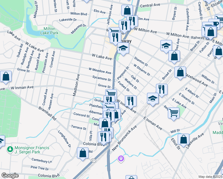 map of restaurants, bars, coffee shops, grocery stores, and more near 560 Saint Georges Avenue in Rahway