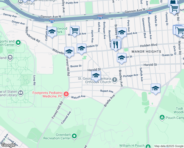 map of restaurants, bars, coffee shops, grocery stores, and more near 69 McDonald Street in Staten Island