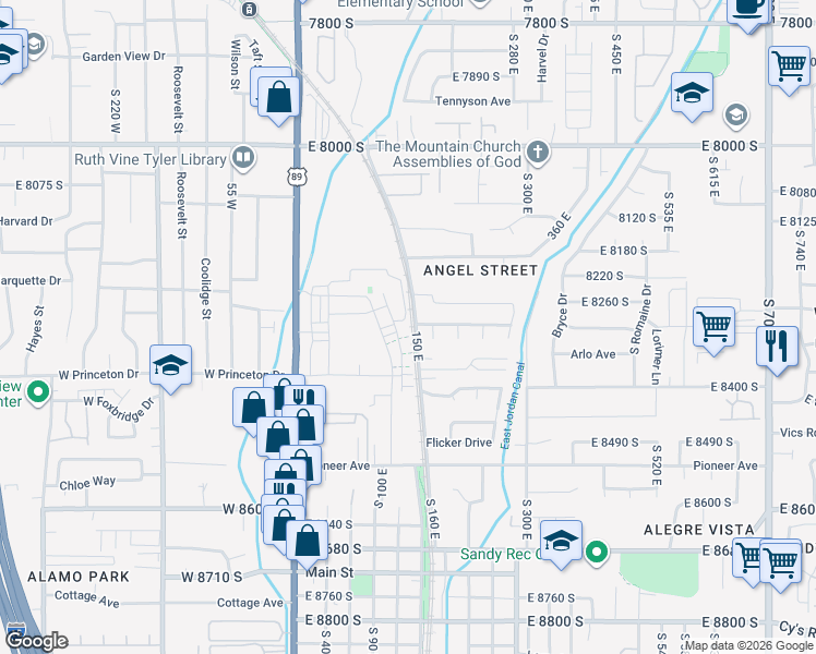 map of restaurants, bars, coffee shops, grocery stores, and more near 8278 South Resaca Drive in Sandy