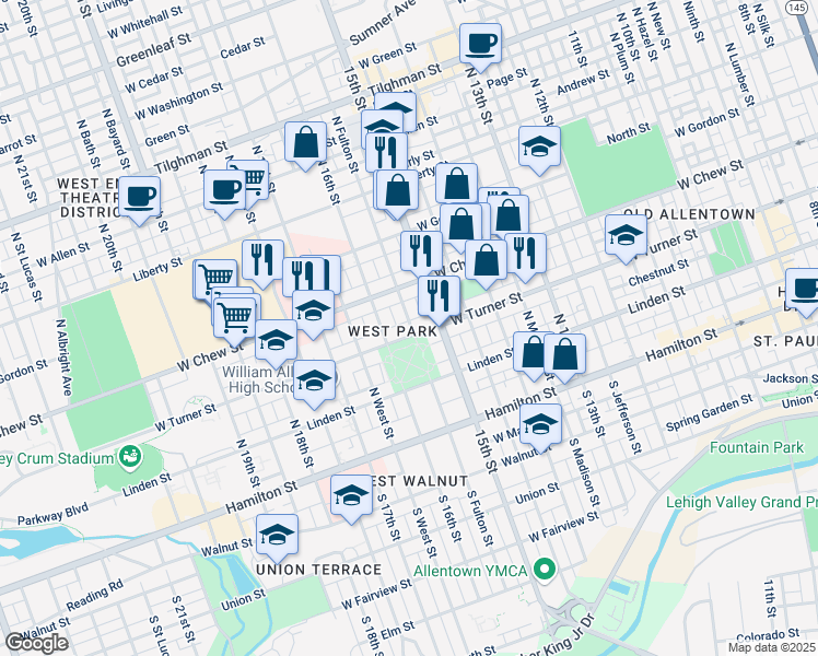 map of restaurants, bars, coffee shops, grocery stores, and more near 1527 West Turner Street in Allentown