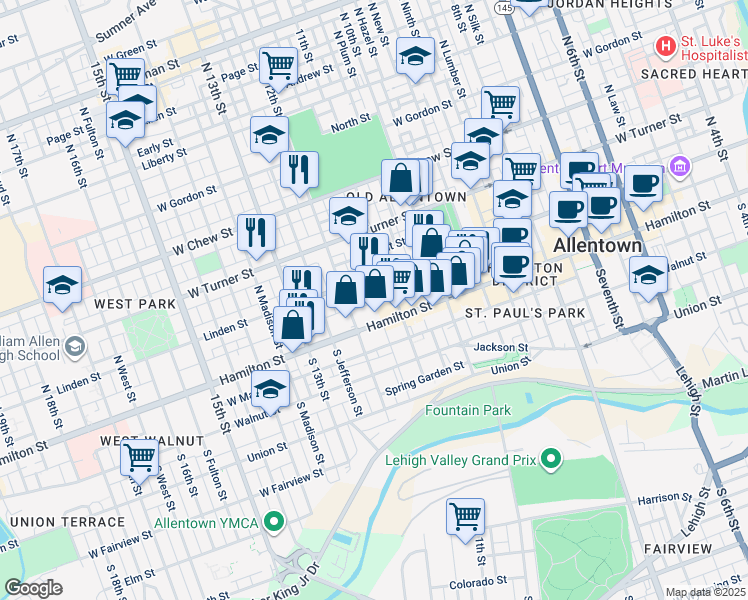 map of restaurants, bars, coffee shops, grocery stores, and more near 1123 West Court Street in Allentown