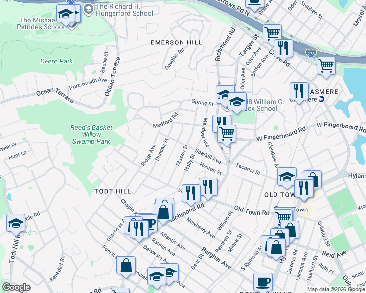 map of restaurants, bars, coffee shops, grocery stores, and more near 116 Mason Street in Staten Island