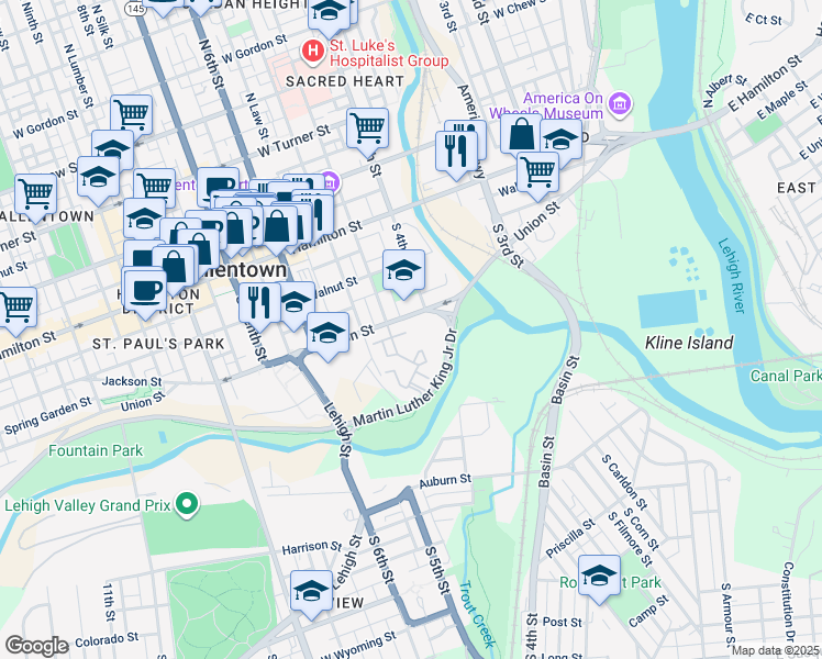 map of restaurants, bars, coffee shops, grocery stores, and more near 415 Willow Circle in Allentown