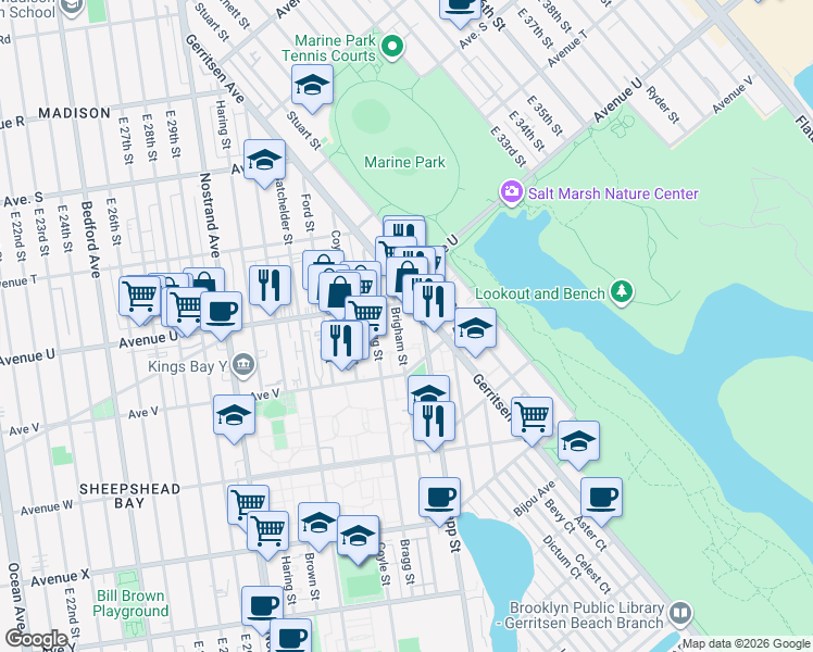 map of restaurants, bars, coffee shops, grocery stores, and more near 2145 Brigham Street in Brooklyn