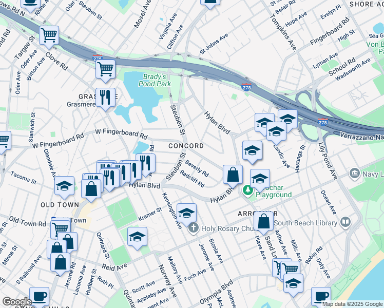 map of restaurants, bars, coffee shops, grocery stores, and more near 668 West Fingerboard Road in Staten Island