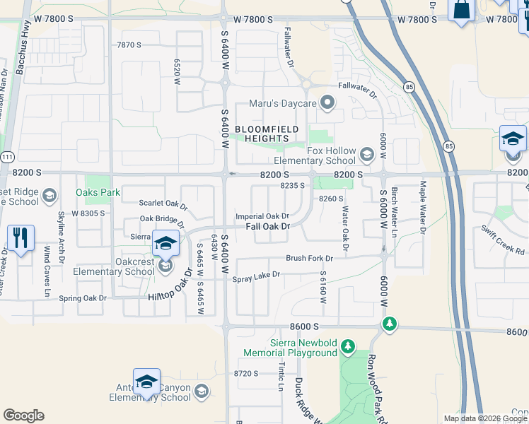 map of restaurants, bars, coffee shops, grocery stores, and more near 6304 Imperial Oak Drive in West Jordan