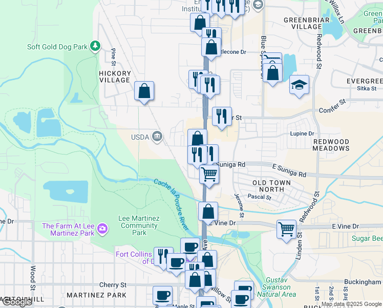 map of restaurants, bars, coffee shops, grocery stores, and more near 1020 North Mason Street in Fort Collins
