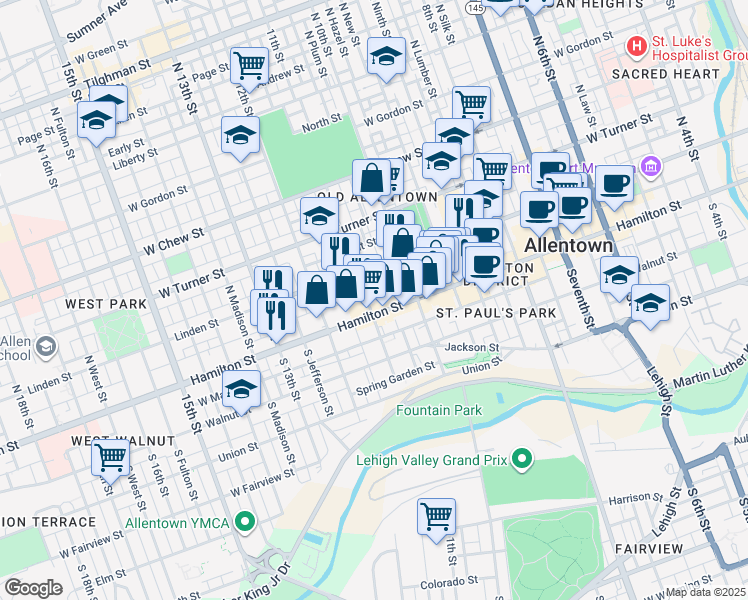 map of restaurants, bars, coffee shops, grocery stores, and more near 19 11th Street in Allentown
