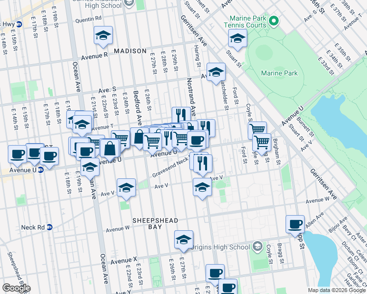 map of restaurants, bars, coffee shops, grocery stores, and more near 2817 Avenue U in Brooklyn