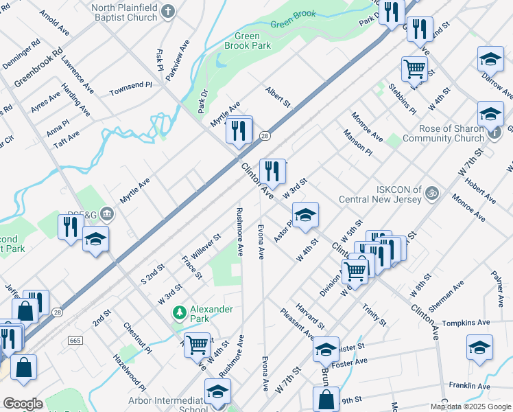 map of restaurants, bars, coffee shops, grocery stores, and more near 216 Evona Avenue in Plainfield