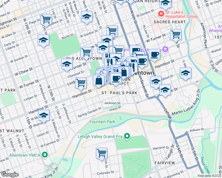 map of restaurants, bars, coffee shops, grocery stores, and more near 26 South 9th Street in Allentown