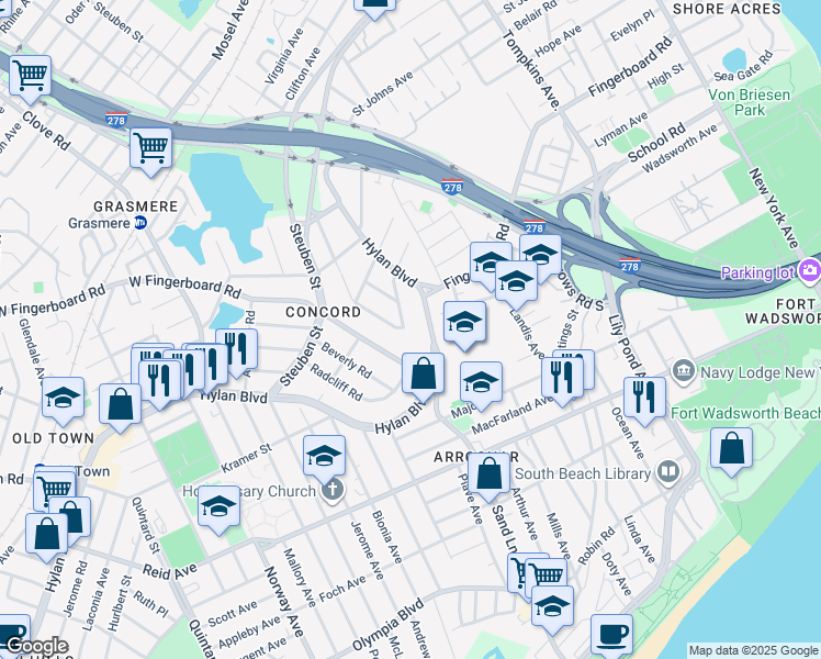 map of restaurants, bars, coffee shops, grocery stores, and more near 99 Roderick Avenue in Staten Island