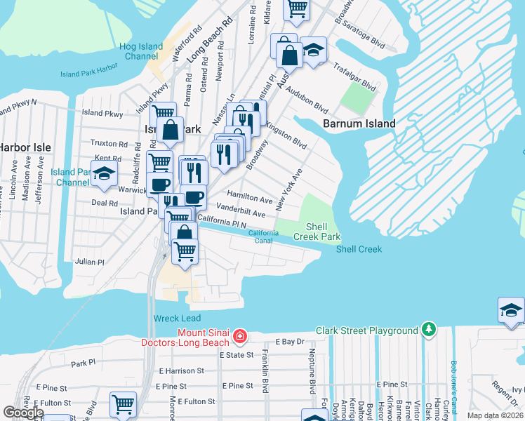 map of restaurants, bars, coffee shops, grocery stores, and more near 1024 Vanderbilt Avenue in Island Park