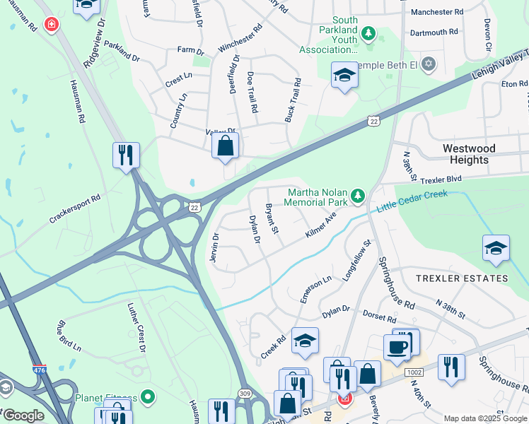 map of restaurants, bars, coffee shops, grocery stores, and more near 1120 Bryant Street in Allentown