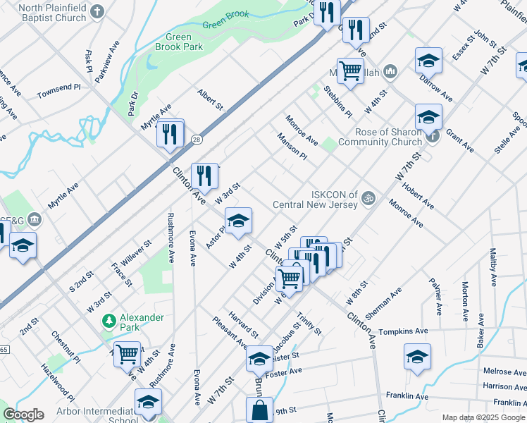 map of restaurants, bars, coffee shops, grocery stores, and more near 342 Bergen Street in Plainfield