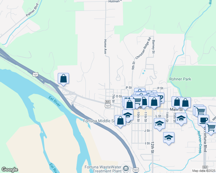 map of restaurants, bars, coffee shops, grocery stores, and more near 1026 Home Avenue in Fortuna