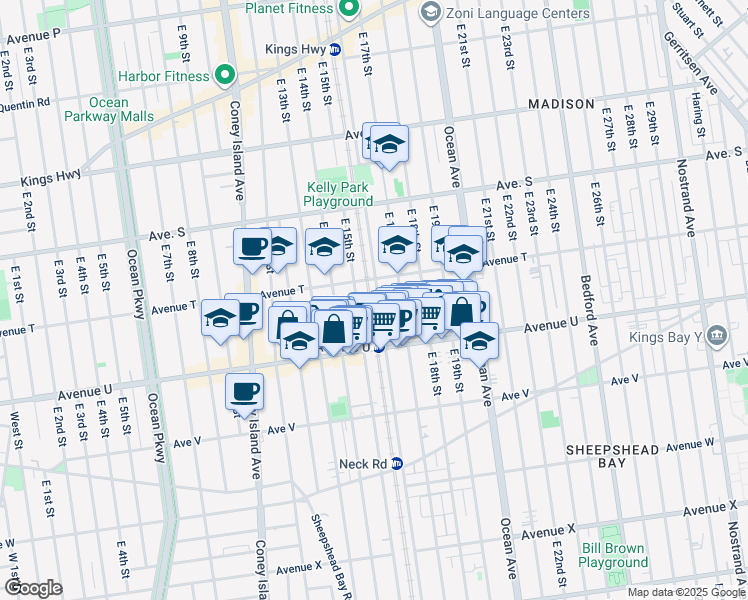 map of restaurants, bars, coffee shops, grocery stores, and more near 2026 East 16th Street in Brooklyn