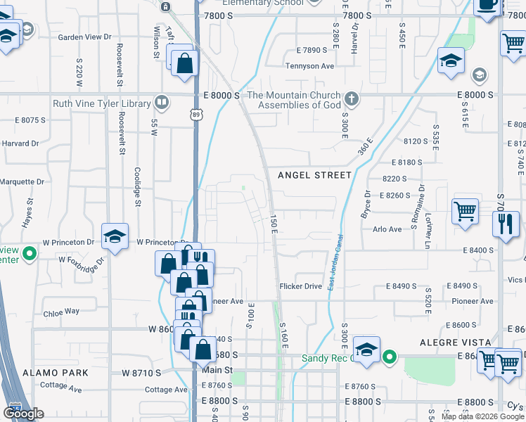 map of restaurants, bars, coffee shops, grocery stores, and more near 132 East Chambord Court in Sandy