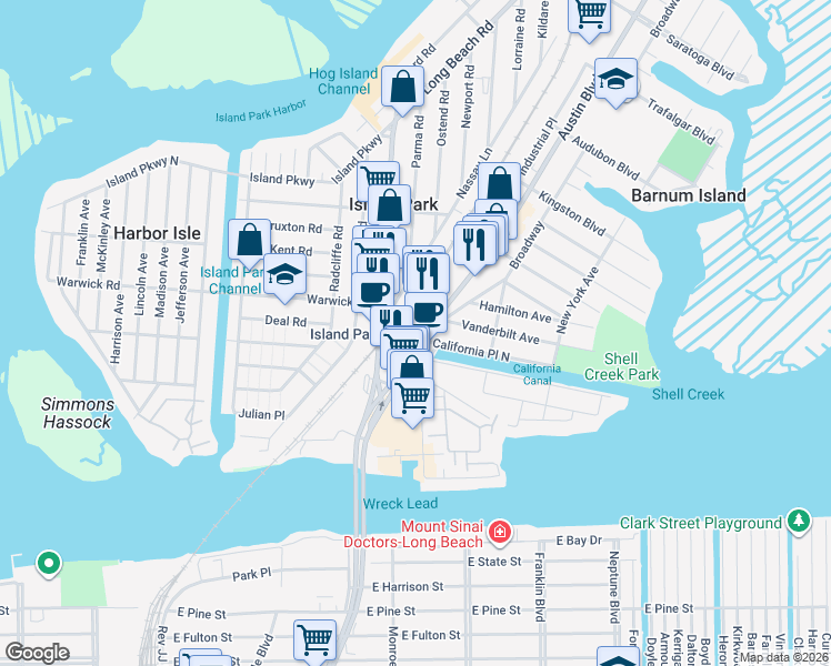 map of restaurants, bars, coffee shops, grocery stores, and more near 10 California Place North in Island Park