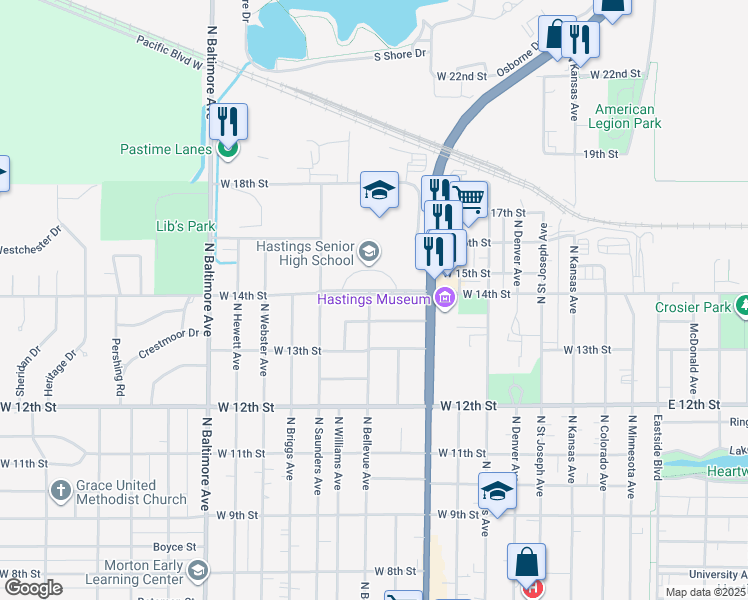 map of restaurants, bars, coffee shops, grocery stores, and more near 1021 West 14th Street in Hastings