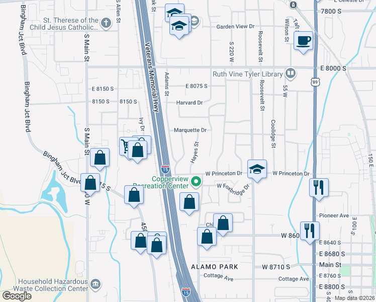 map of restaurants, bars, coffee shops, grocery stores, and more near 8299 Hoover Street in Midvale