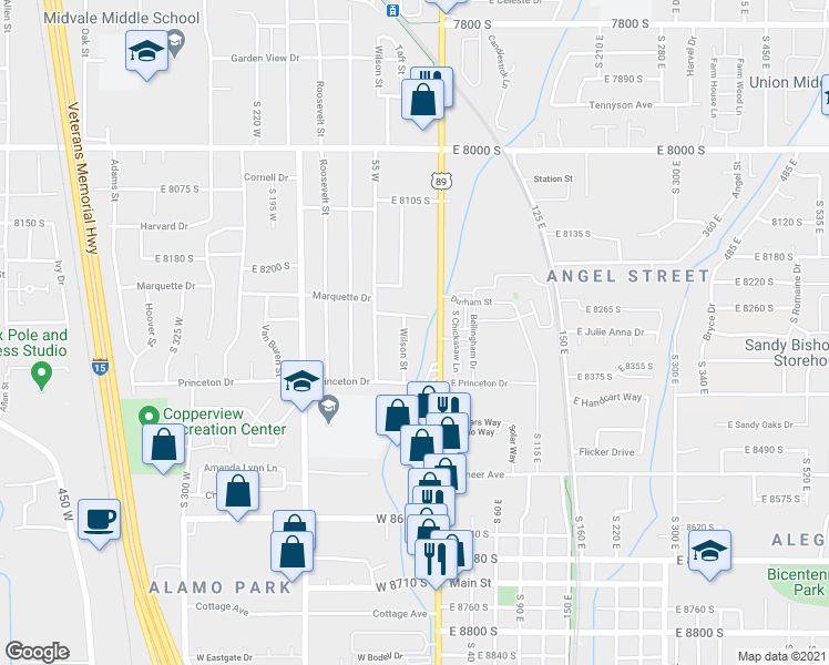 map of restaurants, bars, coffee shops, grocery stores, and more near 8288 Wilson Street in Midvale