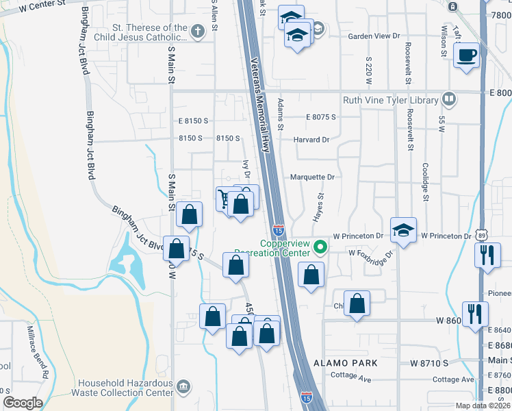 map of restaurants, bars, coffee shops, grocery stores, and more near 8281 Ivy Drive in Midvale