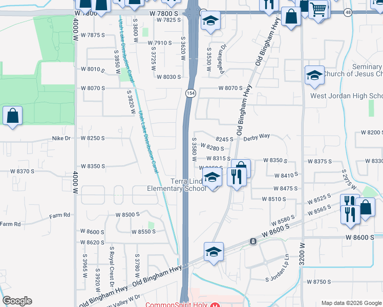 map of restaurants, bars, coffee shops, grocery stores, and more near 8296 S 3580 W in West Jordan