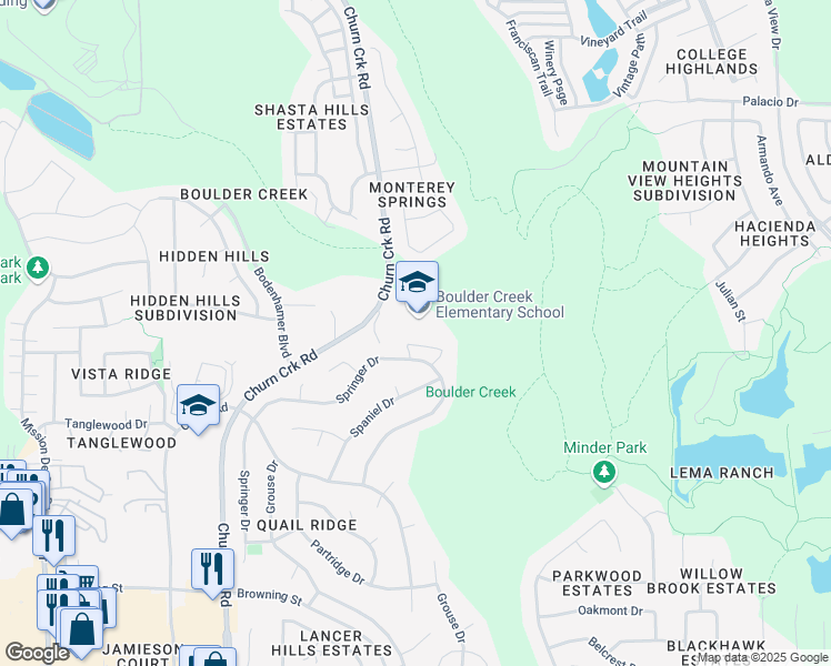 map of restaurants, bars, coffee shops, grocery stores, and more near 655 Churn Creek Road in Redding
