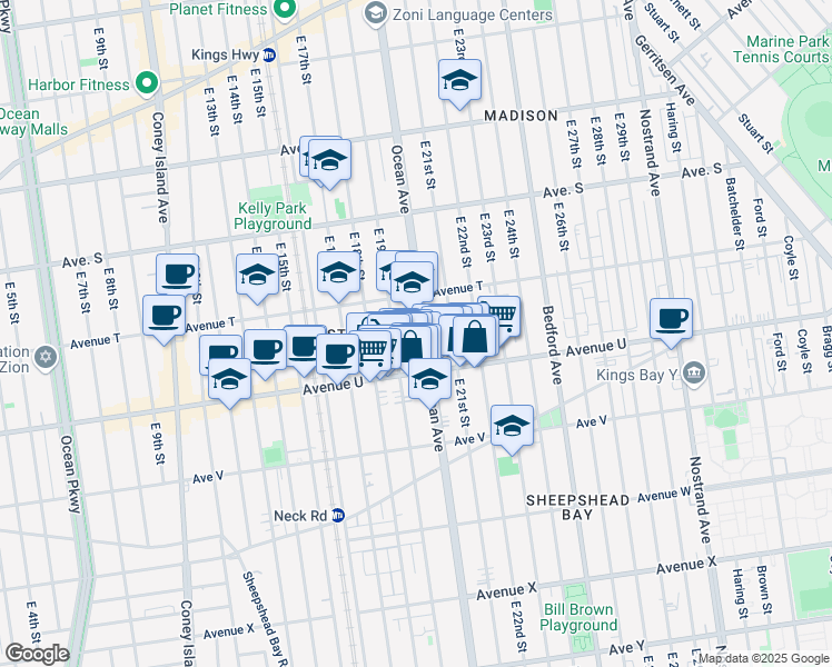 map of restaurants, bars, coffee shops, grocery stores, and more near 2499 Ocean Avenue in Brooklyn