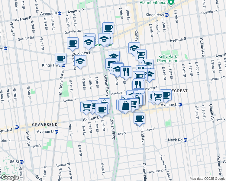 map of restaurants, bars, coffee shops, grocery stores, and more near 619 Avenue T in Brooklyn