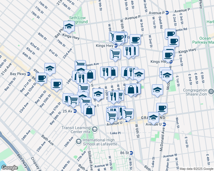 map of restaurants, bars, coffee shops, grocery stores, and more near 112 Avenue S in Brooklyn