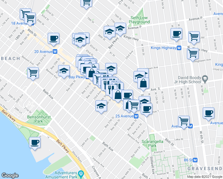 map of restaurants, bars, coffee shops, grocery stores, and more near 2326 85th Street in Brooklyn
