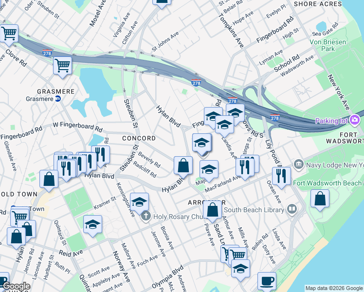 map of restaurants, bars, coffee shops, grocery stores, and more near 99 Roderick Avenue in Staten Island