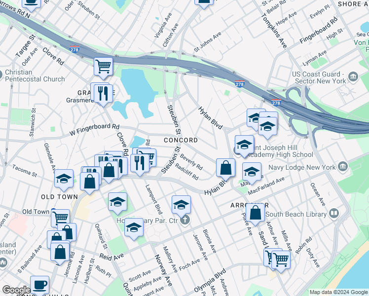 map of restaurants, bars, coffee shops, grocery stores, and more near 668 West Fingerboard Road in Staten Island