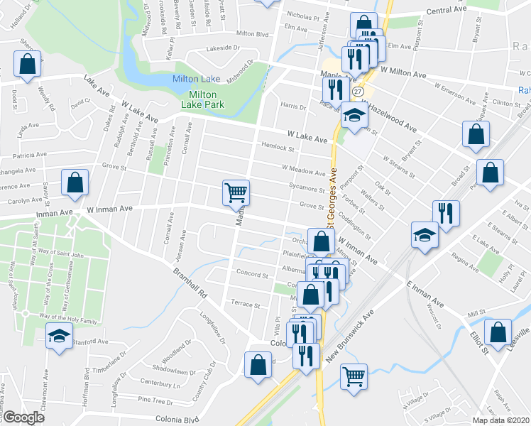 map of restaurants, bars, coffee shops, grocery stores, and more near 407 West Inman Avenue in Rahway