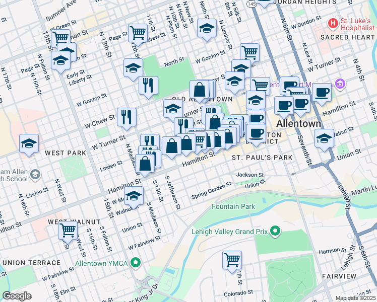 map of restaurants, bars, coffee shops, grocery stores, and more near 1139 West Court Street in Allentown