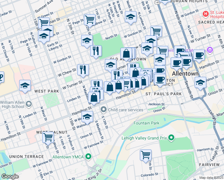 map of restaurants, bars, coffee shops, grocery stores, and more near 1139 West Court Street in Allentown