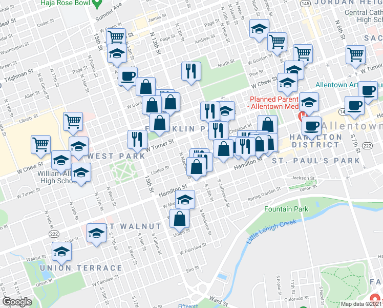 map of restaurants, bars, coffee shops, grocery stores, and more near 1299 Linden Street in Allentown