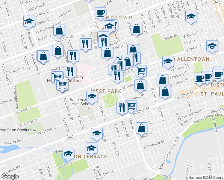 map of restaurants, bars, coffee shops, grocery stores, and more near 1525 West Turner Street in Allentown