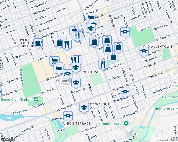 map of restaurants, bars, coffee shops, grocery stores, and more near 222 North 16th Street in Allentown