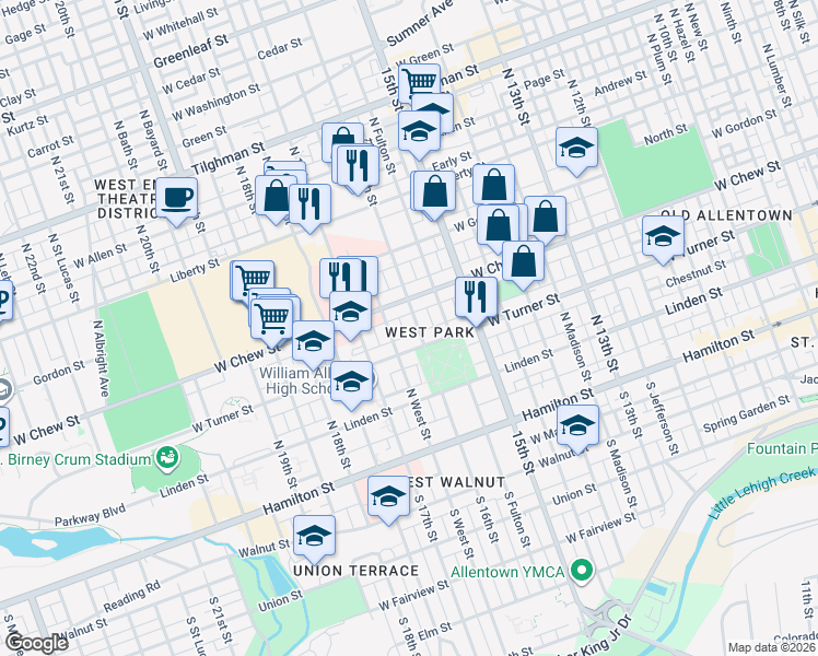 map of restaurants, bars, coffee shops, grocery stores, and more near 222 North 16th Street in Allentown