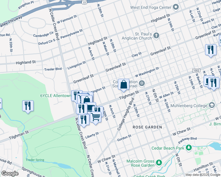 map of restaurants, bars, coffee shops, grocery stores, and more near 2922 West Washington Street in Allentown